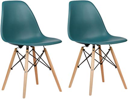 Poly and Bark Modern Mid-Century Side Chair with Natural Wood Legs for Kitchen, Living Room and Dining Room, Teal (Set of 2)