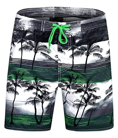ELETOP Men's Swim Trunks Quick Dry Board Shorts [Shorter Length] with Mesh Lining and Pockets Coconut Tree Print