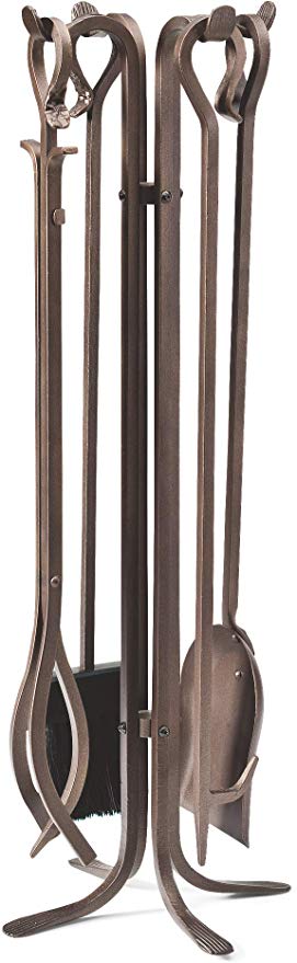 Plow & Hearth Tall 5 Piece Hand Forged Iron Fireplace Tool Set with Poker, Tongs, Shovel, Broom, and Stand 7-in Diam. x 32.5 H Bronze
