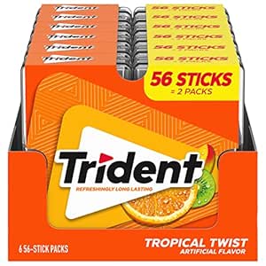 Trident Tropical Twist Sugar Free Gum, 12 Pocket Packs of 28 Pieces (336 Pieces Total)