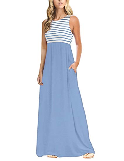 MEROKEETY Women's Summer Striped Sleeveless Crew Neck Long Maxi Dress Dress with Pockets