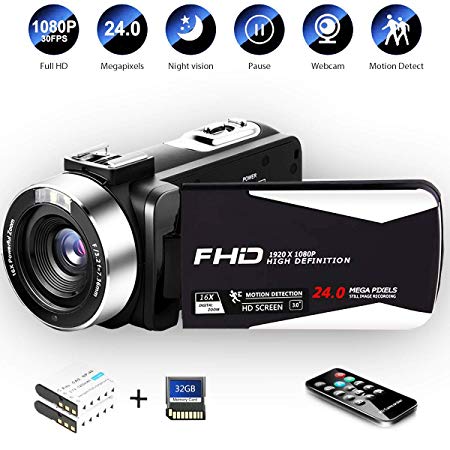 Video Camera Camcorder with IR Night Vision HD 1080P Digital Camera 24.0Mega Pixels 16X Digital Zoom 3.0'' LCD 270 Degree Zo for Selfie Pause Function (Two Batteries and 32GB SD Card Included) (Black