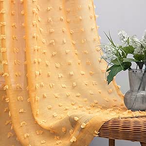 84 Inch Length Yellow Textured Curtains 2 Panels for Living Room Bedroom Dining Room Boho Pom Pom Tufted Gold Mustard Semi Sheer Curtain with Back Tab Rod Pocket for Nursery Kids Girls Room