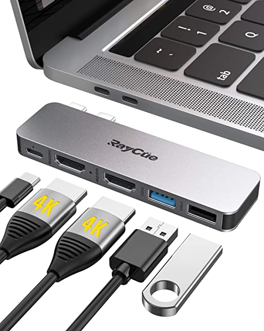 USB C Hub MacBook Dual HDMI Adapter, USB C to HDMI 4K Monitor Adapter, Type C Docking Station with 2 HDMI, USB 3.0, 60W PD Charging Compatible for MacBook Pro & Air 2020/2019/2018/2017/2016