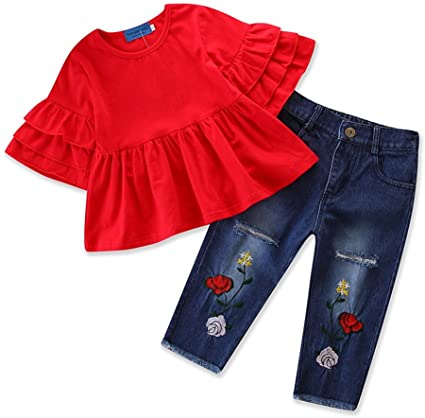2Pcs Toddler Baby Girls Ruffle Tops Flower Distressed Denim Pants Outfit Set
