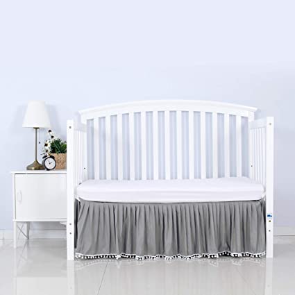 Grey Crib Skirt Pleated with White Lovely Pompoms, Bedding Dust Ruffle for Baby Boys, 14" Drop, Fit All Standard Crib Bed, Fading Resistant, Microfiber