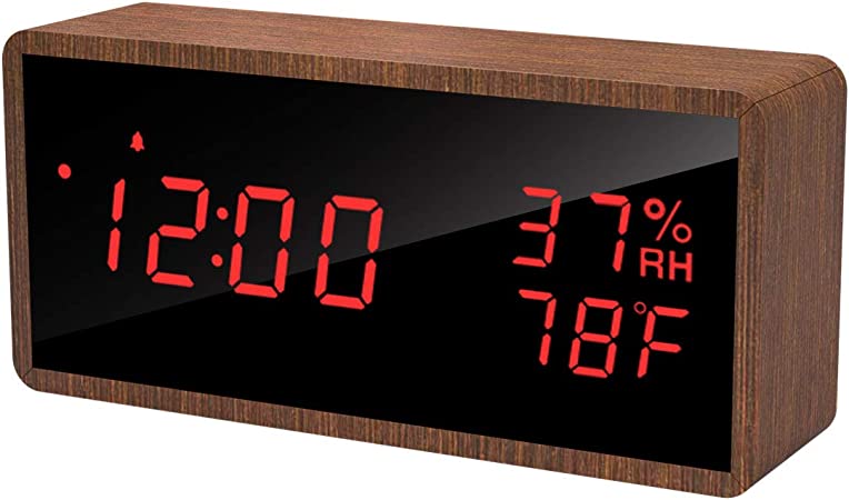 Wood Digital Alarm Clock for Bedrooms, Real Wood,Time Temperature Humidity, 3 Sets of Alarms, Adjustable Brightness