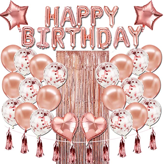 Happy Birthday Balloons Banner，Rose Gold Foil Birthday Decorations with Tassels and Ribbons for All Ages Birthday Party Supplies