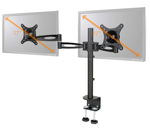 iKross Dual Twin Monitor Display Mounting Arm LCD LED Monitor Clip Desk Mount Bracket Holder for 13-27 Inch Flat Screen with ±15° Tilt, 360° Rotation Fits VESA 50x50mm, 75x75mm, 100x100mm - Black