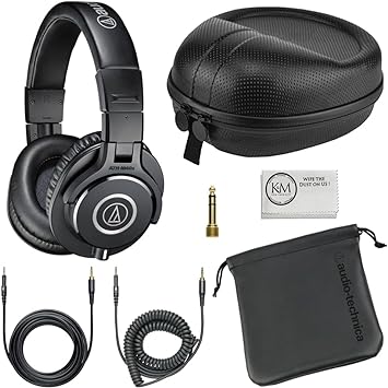 Audio-Technica ATH-M40x Professional Studio Monitor Headphones Bundle with Full Sized Hard Body Headphone Case and Microfiber Cleaning Cloth (3 Items)