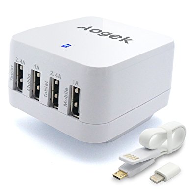 Aogek 34W/6.8A 4-port Home Travel USB Wall Charger Adapter / USB Wall Charger with Foldable Plug for Iphone 6s / 6 / 5s, Ipad Air / Mini, Samsung Galaxy S6 and More (White)