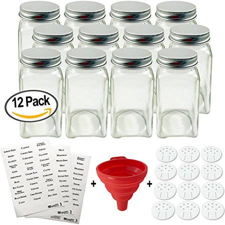 Talented Kitchen 12 Glass Spice Jars with 113 Spice Labels and Funnel. Complete-Set: 12 (4oz) French Square Spice Bottles, Pour or Sift Shaker Lids, Airtight Caps, Funnel, Labels. Spice Rack Organizer