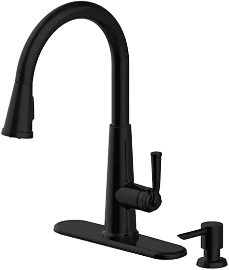 allen   roth Matte Black Pull-Down Handle Kitchen Faucet with Soap Dispenser (Deck Plate Included)