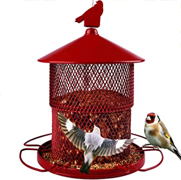 Metal Bird Feeder, Retractable Full Iron Large Wild Bird Feeder, Squirrel Proof, 7 lb Seed Capacity Red Solid Heavy Hanging Bird Feeder for Outside Garden Yard