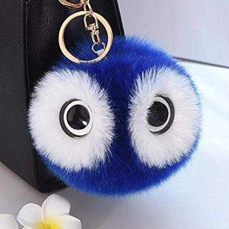 12cm Lovely Big Eyes Decorated Cute Imitate Rabbit Fur Key Chain for Car Key Ring Or Bags (Blue)