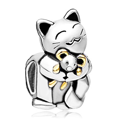 Smiling Pet Cat Hugging Mouse Animal Charms Sale Cheap Bead Fit Pandora Bracelet
