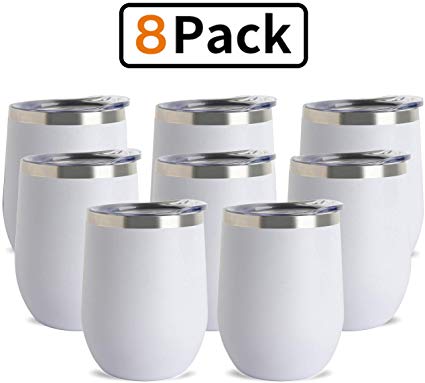 Jearey Stemless Wine Glass Tumbler 12 oz Stainless Steel Double Wall Vacuum Insulated Wine Cup with Lid Travel Friendly (8 Pack, White)