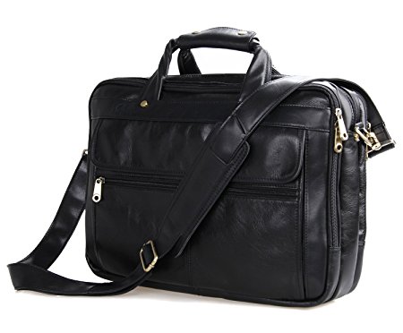 Texbo Men's Black Full Grain Leather Briefcase Messenger Shoulder Laptop Bag