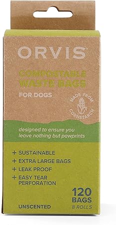 Orvis Compostable Waste Bags for Dogs, Extra Large, Unscented Green Dog Poo Bags, 8 Rolls, 120 Bags Total | Compostable Doggy Bags Made from Cornstarch, 9in x 14in
