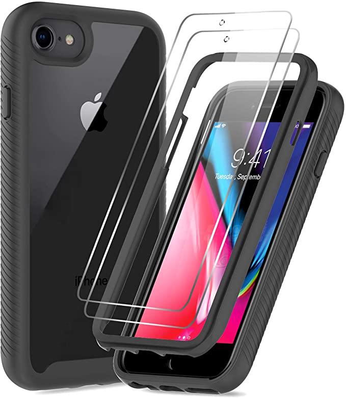 LeYi iPhone SE 2020 Case, iPhone 8 Case, iPhone 7/ 6s/6 Case with Tempered Glass Screen Protector [2 Pack], Full-Body Shockproof Hybrid Bumper Phone Cover Case for iPhone SE/8/7/6s/6, Black