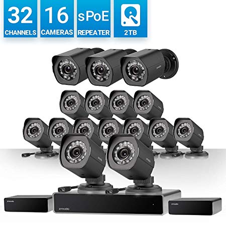 Zmodo 32 Channel 1080P HDMI NVR Security System 16 x720P IP Outdoor/Indoor Surveillance Camera, w/sPoE Repeater for Flexible Installation & Extension, Customizable Motion Detection, w/2TB Hard Drive