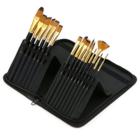 Hipiwe Professional Artist Paint Brush Set with Short Handle - 15 Pcs Nylon Hair Watercolor Acrylic Oil Painting Brushes with Free Pop up Stand Brush Case Paint Brush Holder for Any Masterpiece