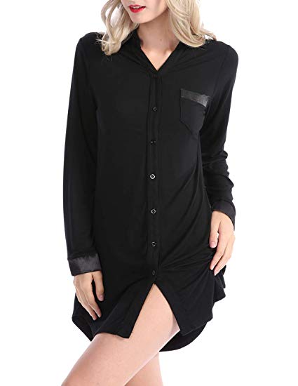 AMONIDA Long Sleeve Button Down Cotton Pajama Top for Women Nightshirt Boyfriend Style