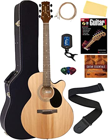 Jasmine S34C NEX Cutaway Acoustic Guitar - Natural Bundle with Hard Case, Strings, Tuner, Strap, Picks, Instructional Book, DVD, and Austin Bazaar Polishing Cloth