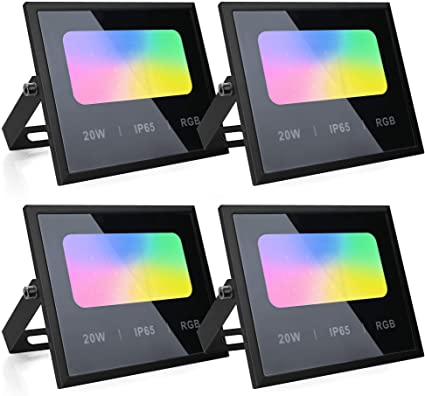 Zglon LED Flood Lights RGB Color Changing 100W Equivalent Outdoor, 20W Bluetooth Mesh Smart Floodlights RGB APP Control,Grouping，IP65 Waterproof, Timing, 2700K&16 Million Colors 4 Pack