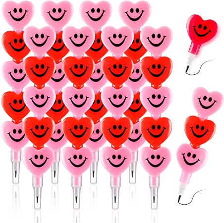 Zonon 40 Pcs Valentine's Day Stackable Pencils Smiling Heart Shaped Pencils for Kids Smile Face Stacking Pencil Funky Crayons Multi Pencil Children's Day Present Students Pens Stationery (Pink, Red)