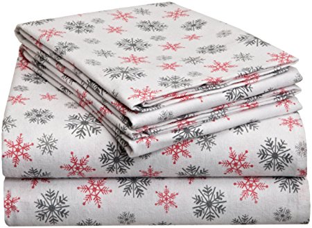 Pointehaven Heavy Weight Printed Flannel Sheet Set, Full, Snow Flakes White