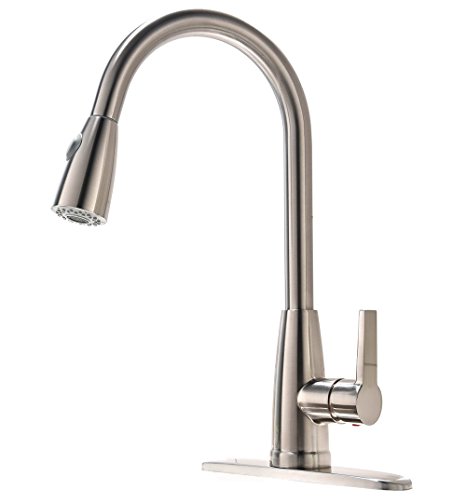 Modern Brushed Nickel High Arc Stainless Steel Pull Down Sprayer Single Handle Kitchen Sink Faucet, Pull Out Kitchen Faucets with Deck Escutcheons