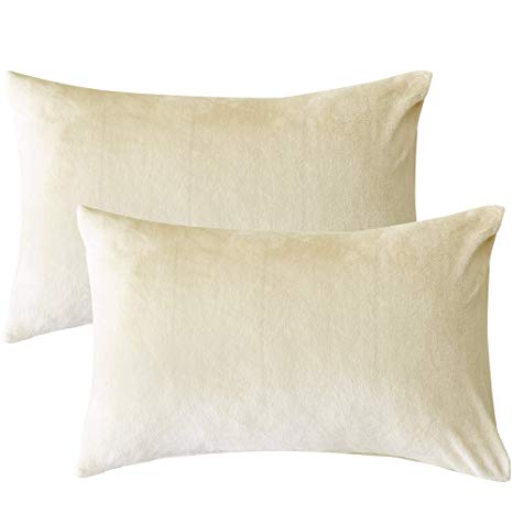 Jepson Flannel Pillowcases 2 Pack Pillow Cases Solid Pillow Covers with Zipper Closure, Beige, Standard