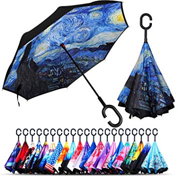 Owen Kyne Windproof Double Layer Folding Inverted Umbrella, Self Stand Upside-Down Rain Protection Car Reverse Umbrellas with C-Shaped Handle