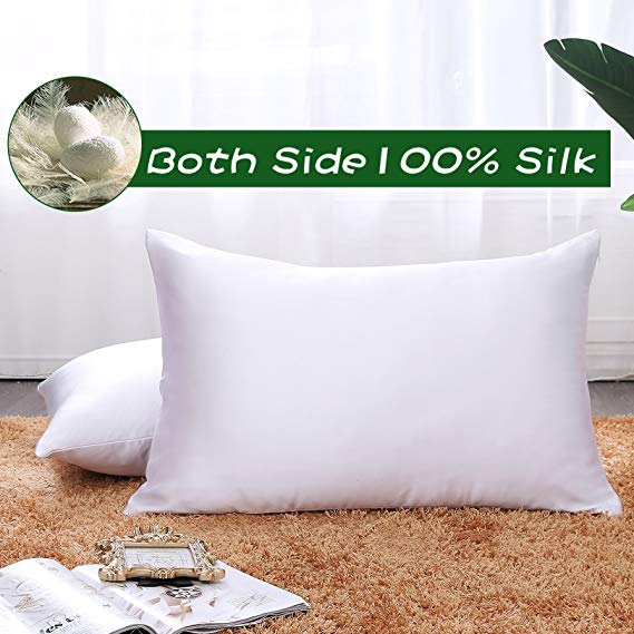 Ethereal Lomoer 100% Natural Pure Silk Pillowcase for Hair and Skin, Both Side 19mm, Hypoallergenic, 600 Thread Count, Luxury Smooth Satin Pillowcase with Hidden Zipper (White, Standard Size)