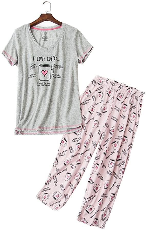 YIJIU Women's Short Sleeve Tops and Capri Pants Cute Cartoon Print Pajama Sets