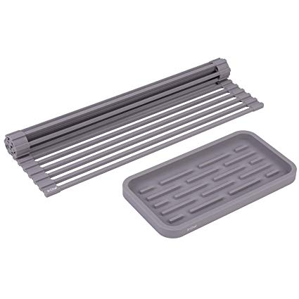 X-Chef Roll Up Dish Drying Rack with Silicone Sponge Holder Tray Set, Over the Sink Drying Rack Mat Multipurpose Kitchen Sink Organizer, Light Grey