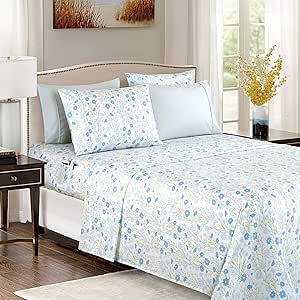 Elegant Comfort Softest and Coziest 6-Piece Sheet Set - 1500 Premium Hotel Quality Microfiber - Deep Pocket, Wrinkle Resistant 6-Piece Floral Bed Sheet Set, California King, Laurel Blue