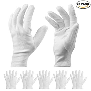 20 Pack Cotton Gloves - 9'' White Work Gloves Cosmetic Moisturising Gloves for Dry Hands & Eczema Moisturizing, Jewllery Inspection and More - Medium Size