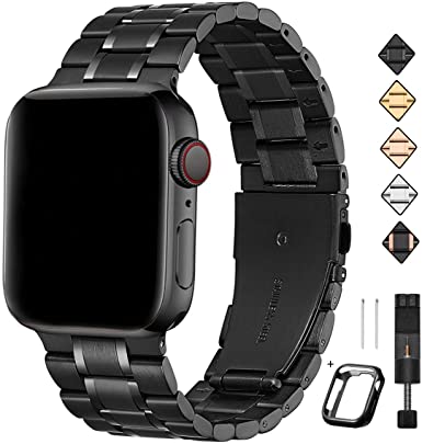Bestig Compatible for Apple Watch Band 42mm 44mm Premium Solid Stainless Steel Metal Replacement Adjustable Sport Wristband Bracelet Strap for iWatch 5/4/3/2/1 (Matt Black/Polished Black)