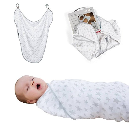Swaddling Blanket : 100% Organic Muslin Swaddles : 6 Clever Uses Nursing Cover, Burp Cloth, Baby Blankets, Stroller Cover, Teether : With Attachable Silicone Clasps, Silver Stars by Cheeky Chompers
