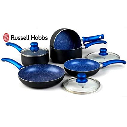 Russell Hobbs 8 Piece Induction Non Stick Stone Pan Set Saucepan Frying Pan Kitchen Cookware (Blue)