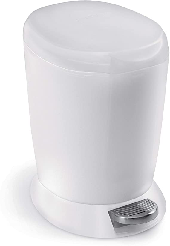 simplehuman 6 Liter / 1.6 Gallon Compact Plastic Round Bathroom Step Trash Can, White Plastic