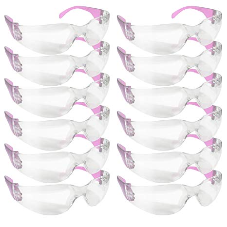 SAFE HANDLER Protective Safety Glasses, Clear Polycarbonate Impact and Ballistic Resistant Lens - Pink Temple (Box of 12)