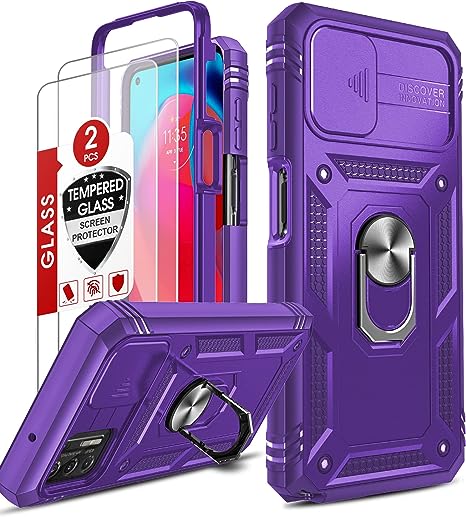 LeYi for Moto G Stylus 4G 2021 Case: with Slide Camera Cover   [2 Pack] Tempered Glass Screen Protector, Military-Grade Phone Case with Kickstand for Moto G Stylus 2021 [Not Fit 5G/2020], Purple