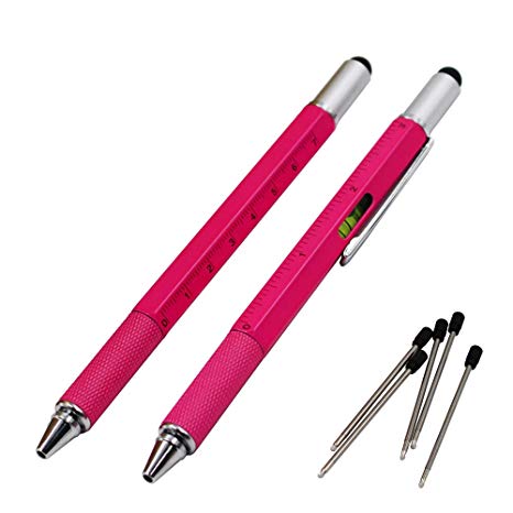 2PCS PACK 6 in 1 Screwdriver Tool Pen - Mini Multifunction Pen with Stylus, Flat and Phillips Screwdriver Bit, Bubble Level and inch cm Ruler all in one (Pink)