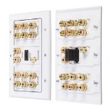 Fosmon 3-Gang 71 Surround Distribution Home Theater Wall Plate - Premium Quality Gold Plated Copper Banana Binding Post Coupler Type Wall Plate for 7 Speakers 1 RCA Jack for Subwoofer and 1 High Speed HDMI Port with Ethernet White