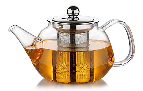 Premium Glass Teapot with Removable Stainless Steel Infuser that holds 34 oz (1000 ml) - Perfect for Making Loose Leaf, Bagged, or Blooming Tea - Made from Clear Heat Resistant Borosilicate Glass