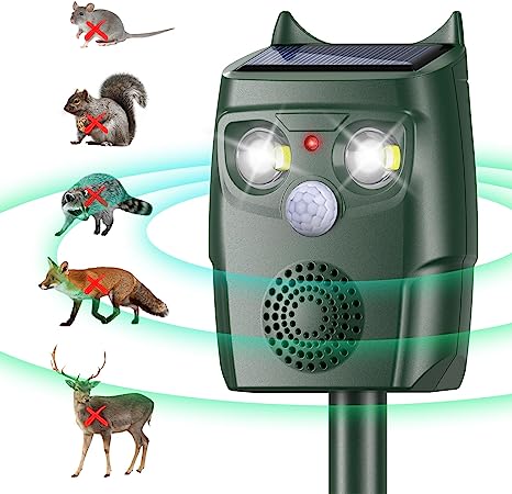 Animal Deterent, Solar Powered Ultrasonic Animal Control Device with Motion Sensor and FIashing Light, Waterproof Outdoor Animal Repellent for Deer Squirrel Raccoon Cat Bobcats, Frequency 18kHZ