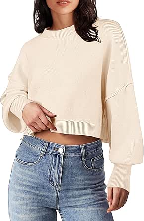 MEROKEETY Women's 2024 Crewneck Cropped Sweater Fall Batwing Sleeve Oversized Side Slit Ribbed Knit Pullover Jumper Tops